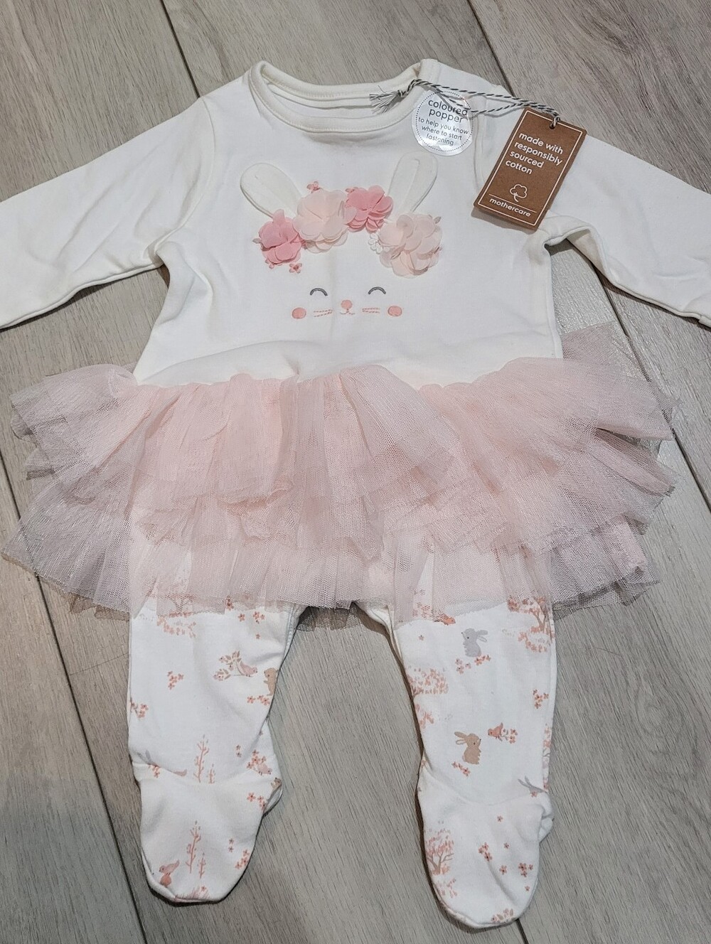 Mothercare Baby Girl Tutu Onesie with Floral Bunny Face 1 Month Pink & White NEW
